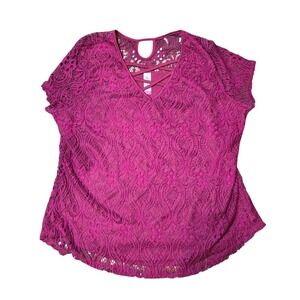NOBO Pink Lace‎ Crochet V-Neck Crisscross Back Cap Sleeve Tunic Top XXXL